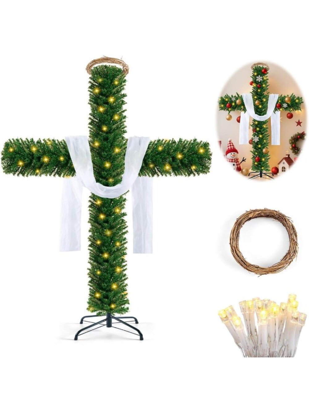 76-Inch Pre-Lit Christmas Tree with 2 Light Strings & Festive Garland Decor